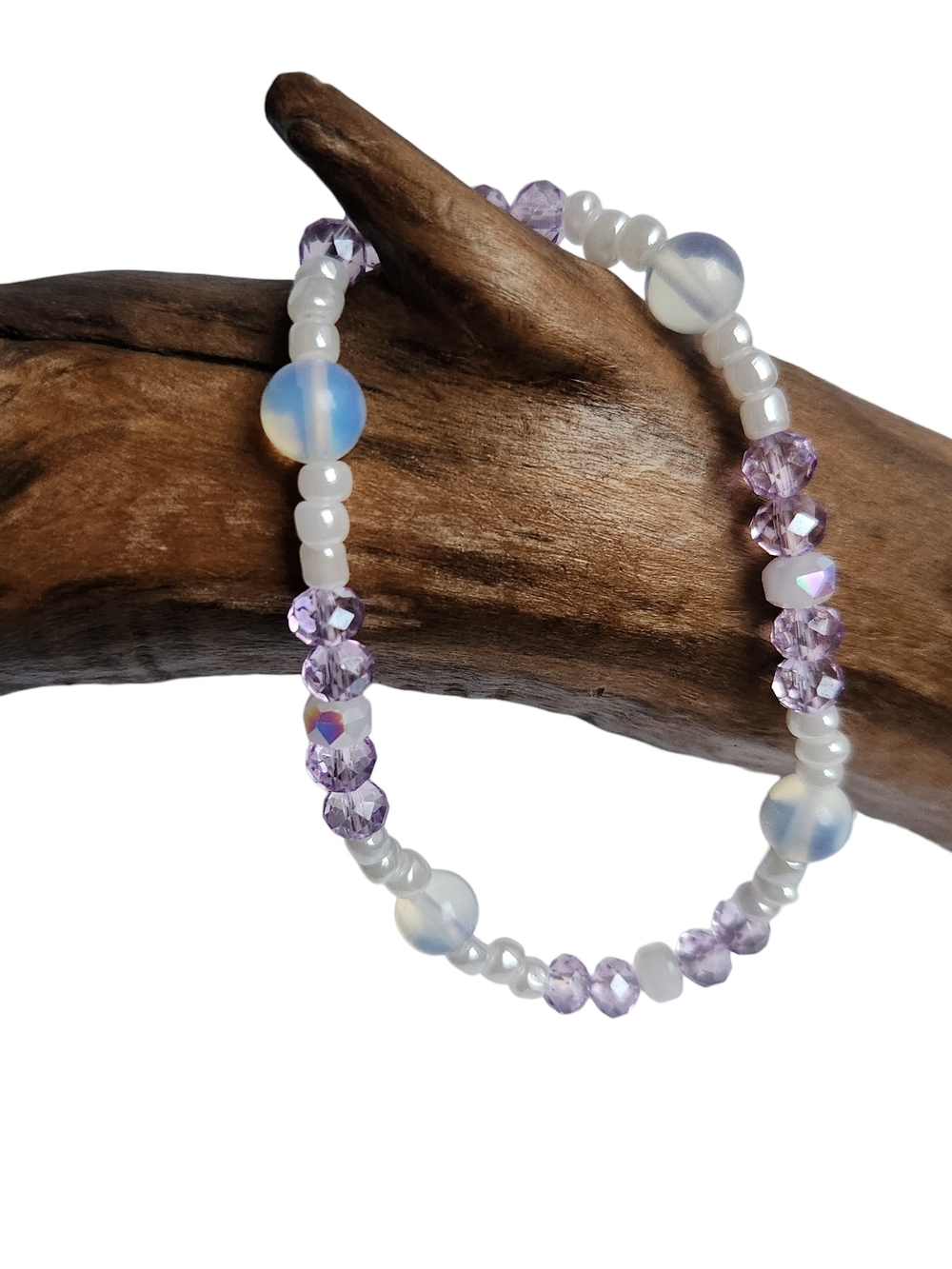 Opalite and Lavender Glass Crystal Stretch Bracelet